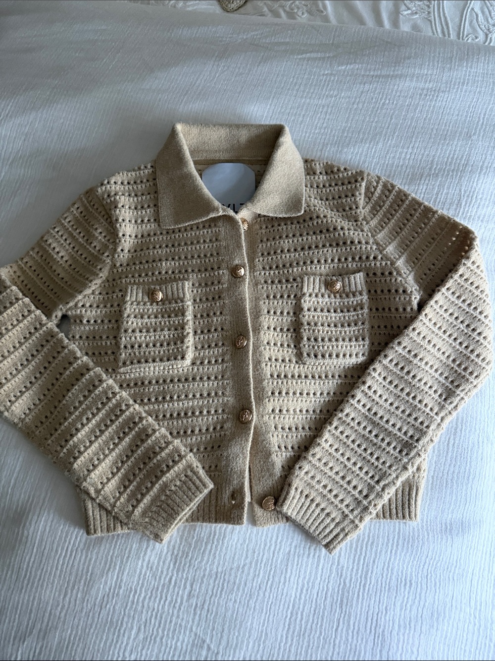 NVLT Beige Crochet-Style Button Cardigan